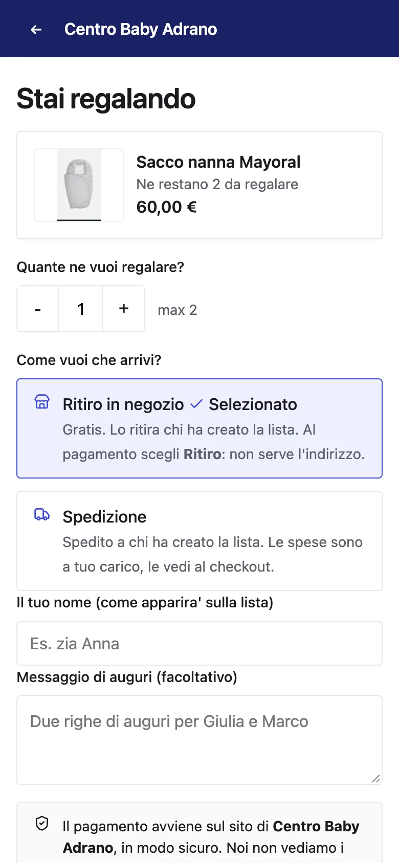 La pagina del regalo: quantità, ritiro in negozio o spedizione, messaggio di auguri